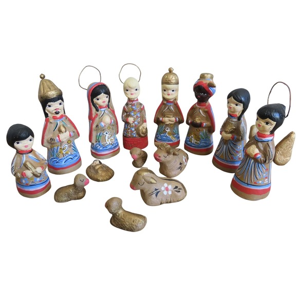 Vintage Hand Painted Clay Nativity Set 14 Piece Mexican Folk Art - Picture 1 of 6